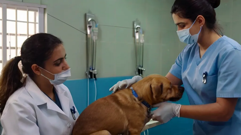 Profissionais cuidando de um cão internado